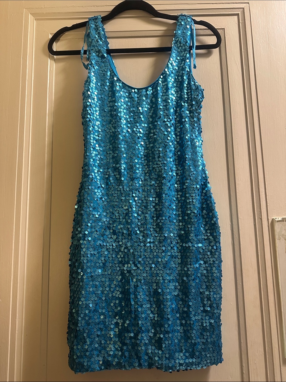 Blue Sequin Scoop Neck Dress